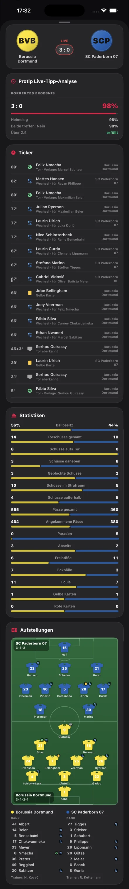 Protip Live-Analyse, Ticker, Statistiken und Aufstellungen